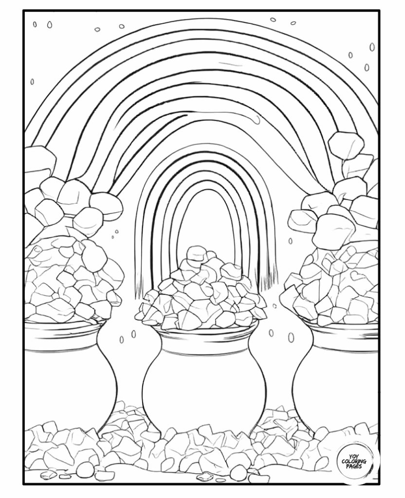 Rainbows leading to pots of gold coloring page