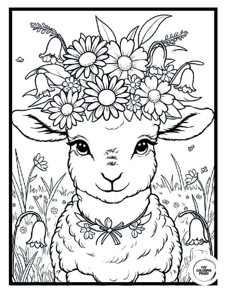 Springtime Lamb with Flower Crown Coloring Page pdf