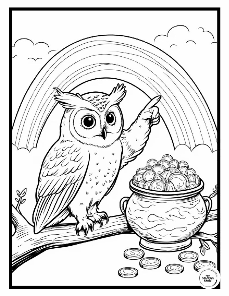 Wise Owl Shows the Way to Pot of Gold Coloring Sheet