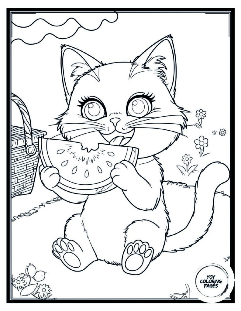 simple Cute Cat Eating Watermelon at Picnic Coloring Page 1 1 pdf