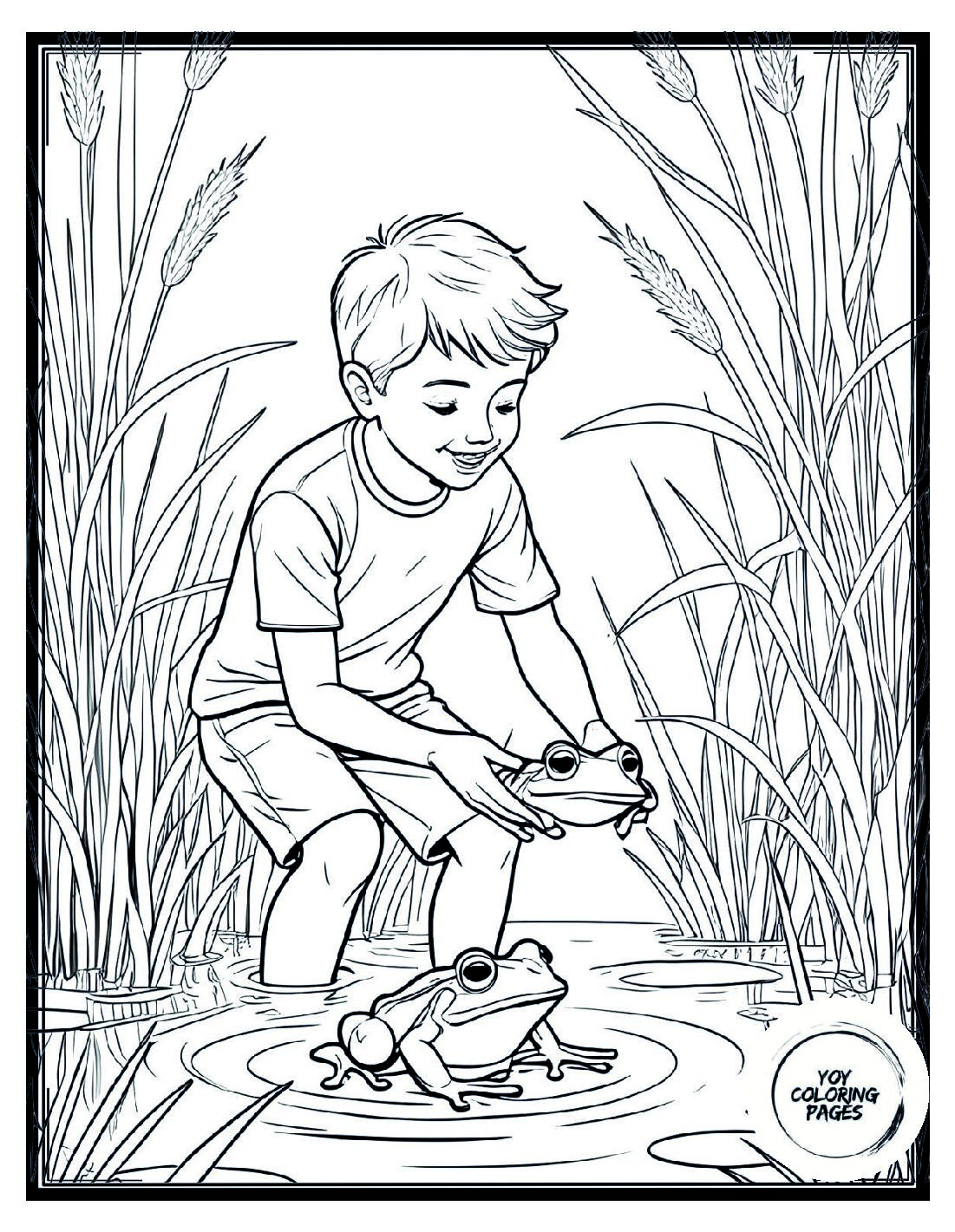 Boy Catches Frog in a Pond Coloring Page for Kids 1 pdf