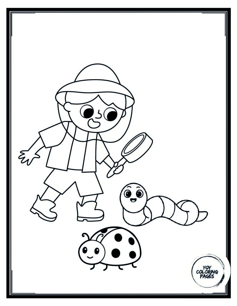 Boy Looks at Worms and Bugs in Magnifying Glass Coloring Page pdf