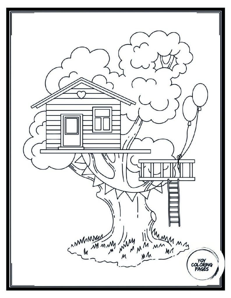 Boy and Girl Build a Treehouse Outdoors Coloring Page pdf