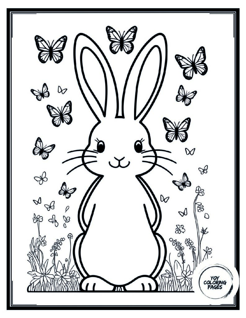 Bunny Silhouette with Butterflies Coloring Page pdf