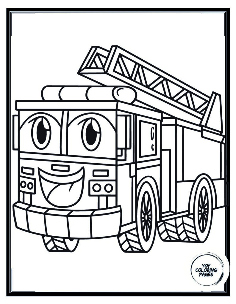 Cartoon Fire Truck with Firefighter Coloring Page pdf