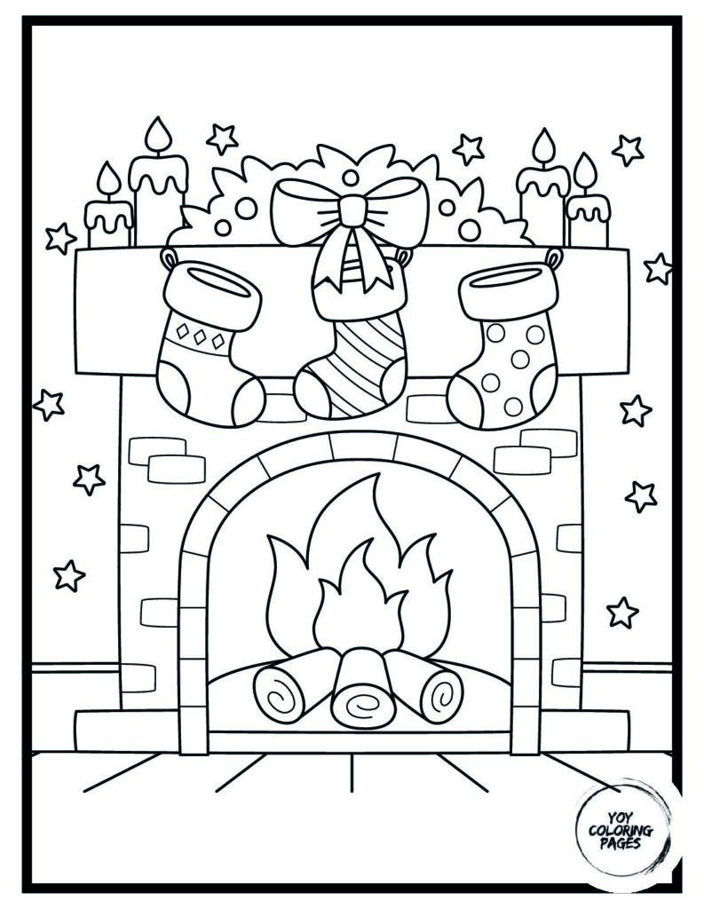 Christmas Tree Next to Cozy Fireplace Coloring Page pdf
