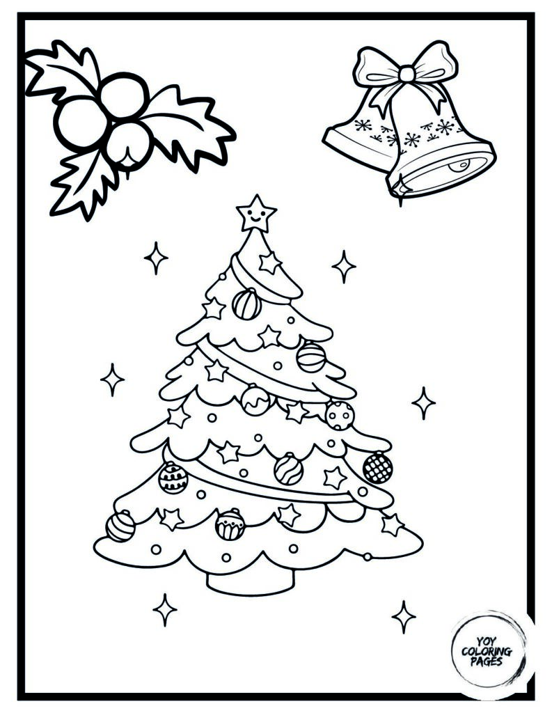 Christmas Tree with Bells and Holly Coloring Page 1 pdf