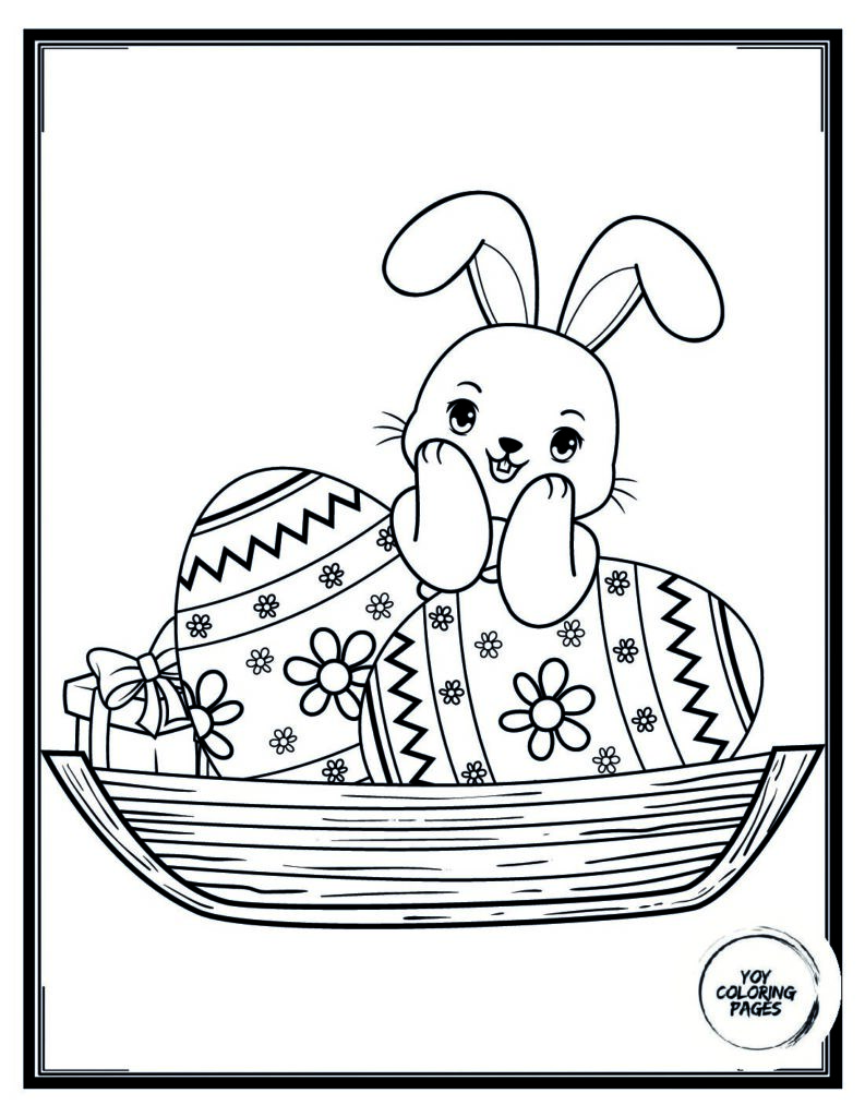 Cute Bunny with Easter Basket Coloring Page for Kids pdf
