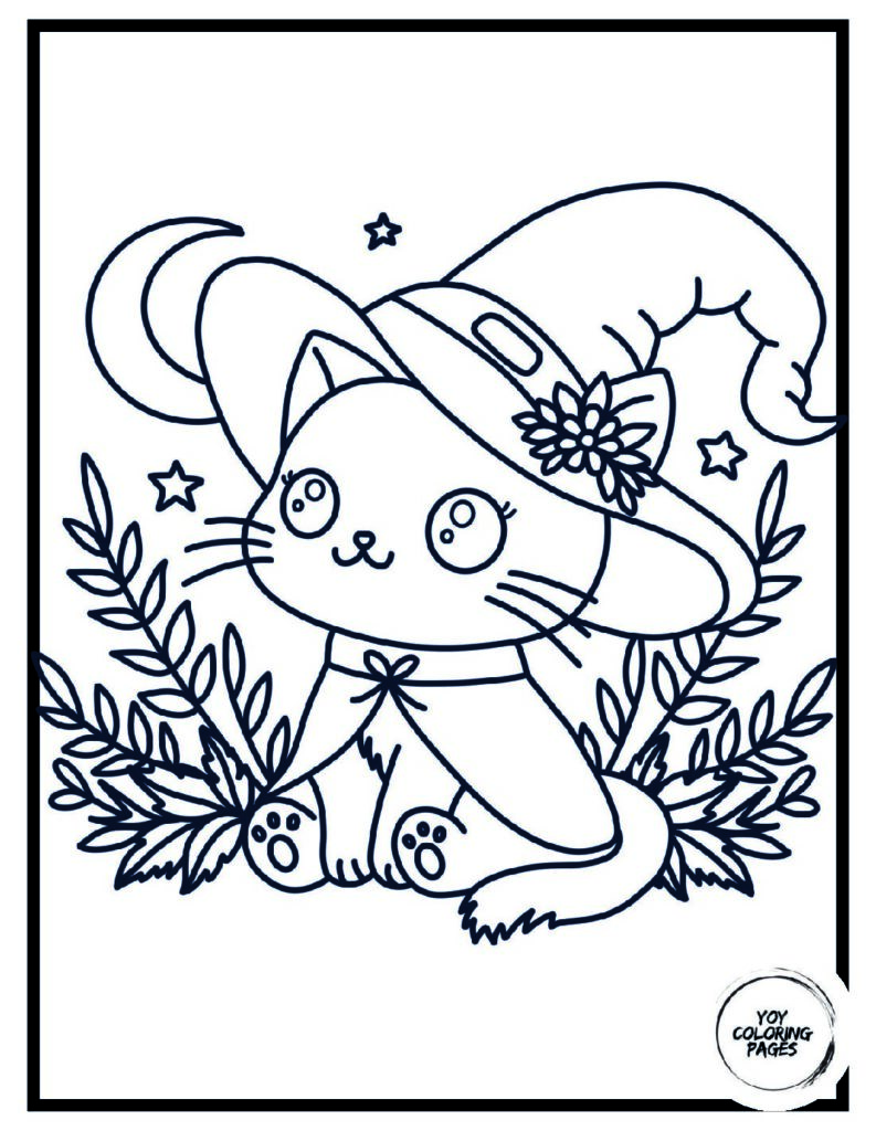 Cute Cat with Christmas Tree Hat Coloring Page pdf