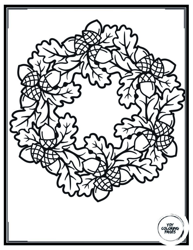 Fall Leaves Wreath with Acorns and Berries Coloring Page 1 pdf