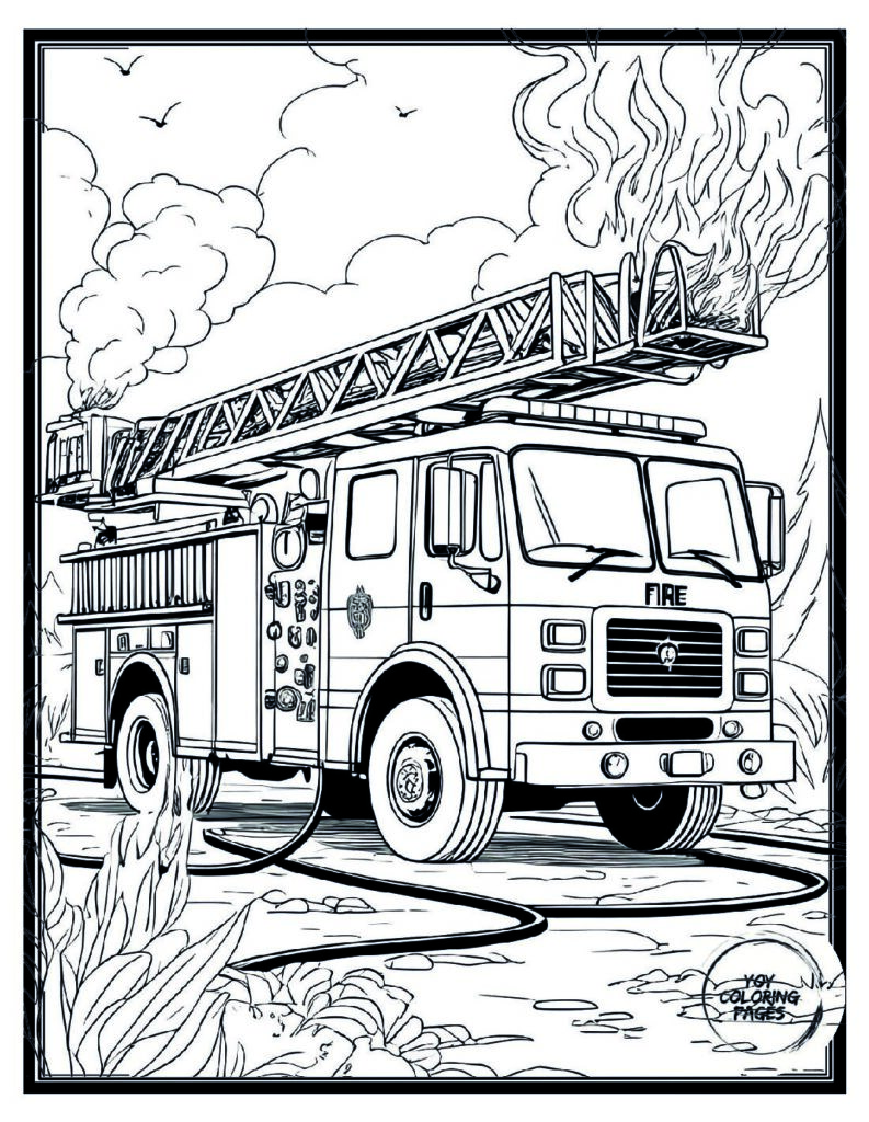 Fire Truck Putting out Fire Coloring Page pdf