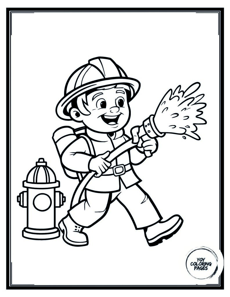 Firefighter Spraying Hose from Fire Engine Coloring Page pdf