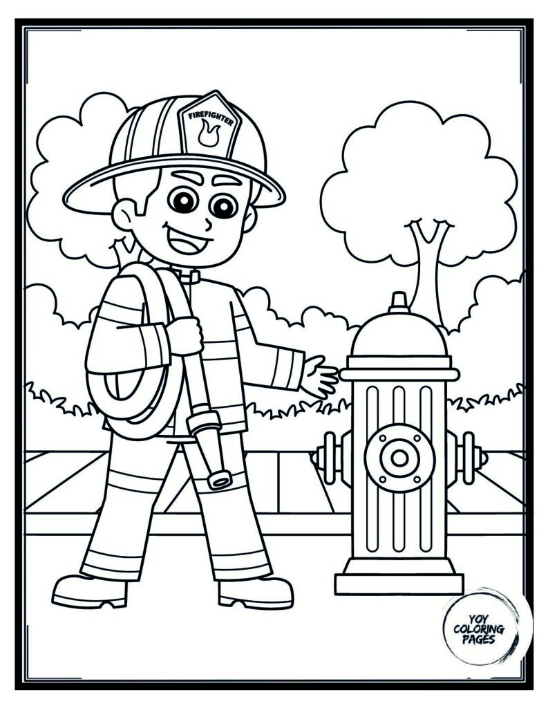 Firefighter Spraying Water from Hose Coloring Page pdf