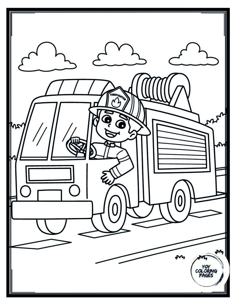 Firefighters and Fire Engine Coloring Page pdf