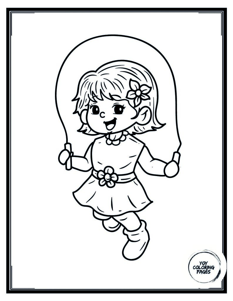 Girl Jumping Rope in Flower Garden Coloring Page for kids pdf