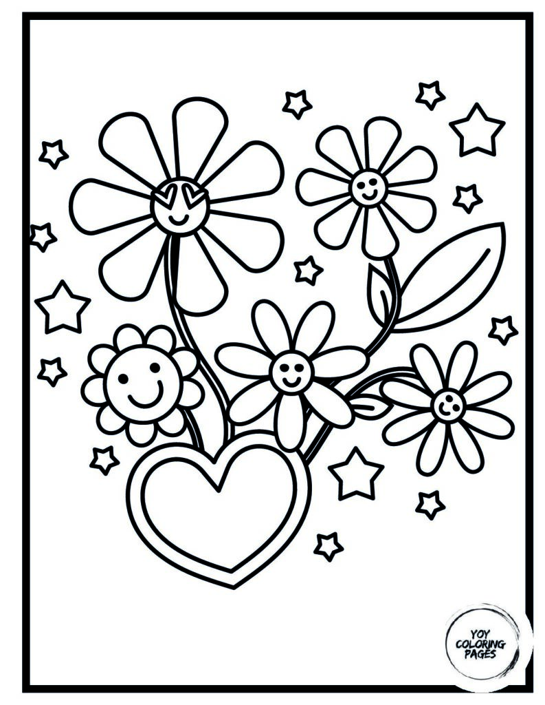 Hearts Flowers and Gems Coloring Page pdf