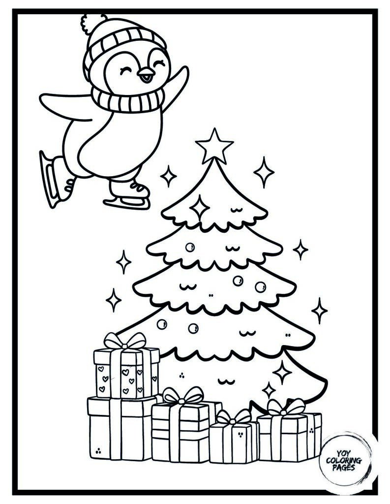 Penguin and Christmas Tree Coloring Page for Kids pdf
