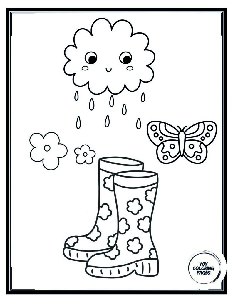 Polkadot Rain Boots Filled with Flowers Under a Rain Cloud Coloring Page pdf