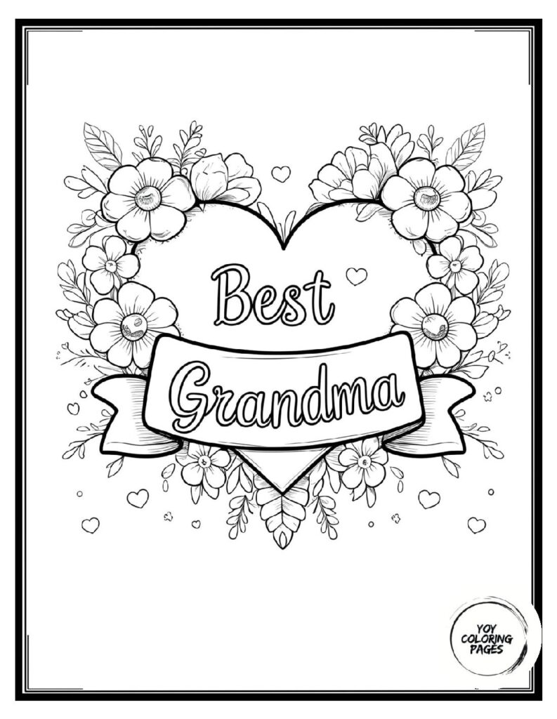 Pretty Kawaii Heart with Flowers and Best Grandma Banner Coloring Page pdf