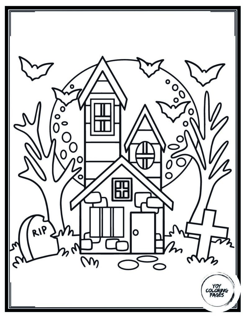 Spooky Ghost sneaking into house coloring Page pdf