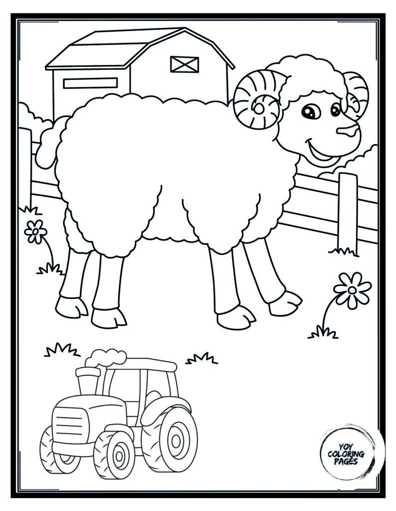 Spring Day on the Farm with Lamb and Tractor in Front of Barn Coloring Page pdf