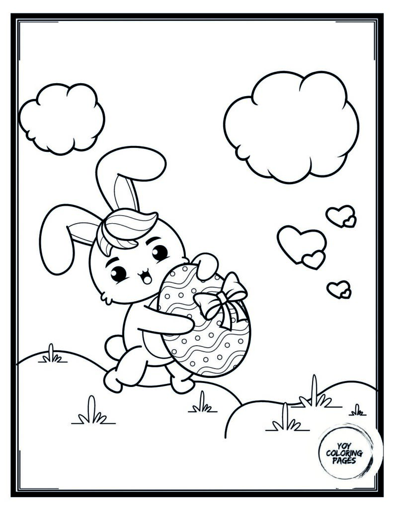 Sweet Bunny Holding Easter Egg with Bow Coloring Page pdf